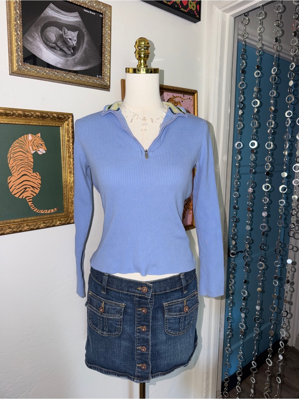 Vintage Y2K Liz Claiborne Light Blue Ribbed Top with Multi-Stripe Trim